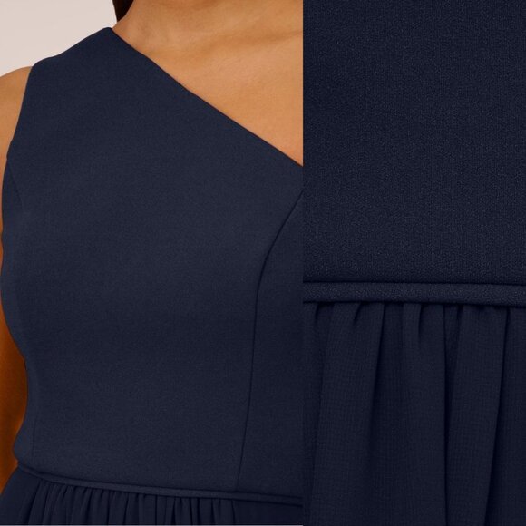 Adrianna Papell Chiffon One Shoulder Maxi Dress Gown Pleated Navy Blue 14 - Picture 3 of 14